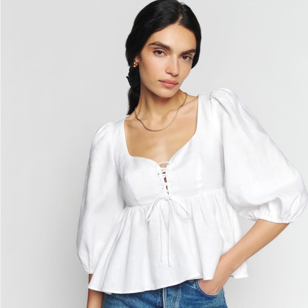 New Reformation Abigail White Linen Top